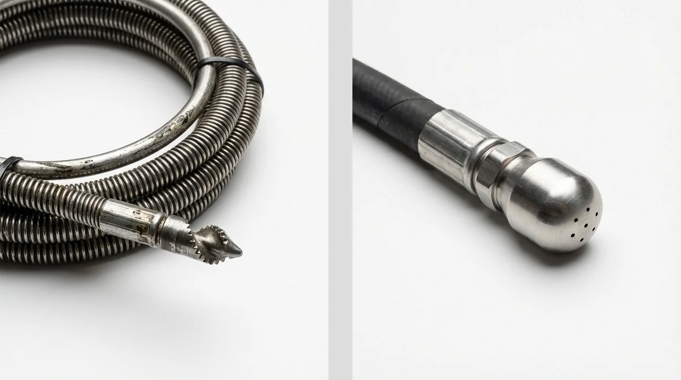 Drain snake cable and hydro jetting nozzle used for drain cleaning in Morrisville, PA