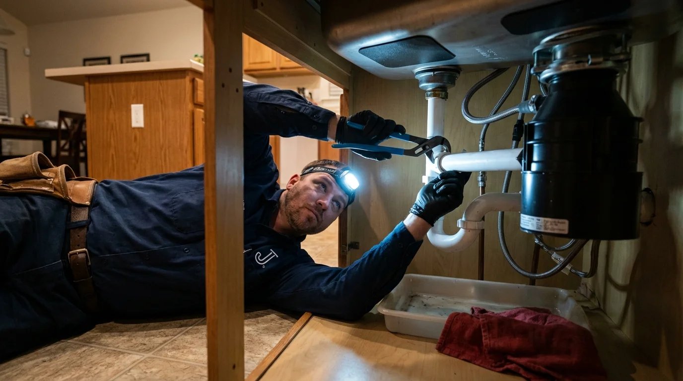P-trap and supply line connections under a kitchen sink showing a common leak point in Morrisville, PA